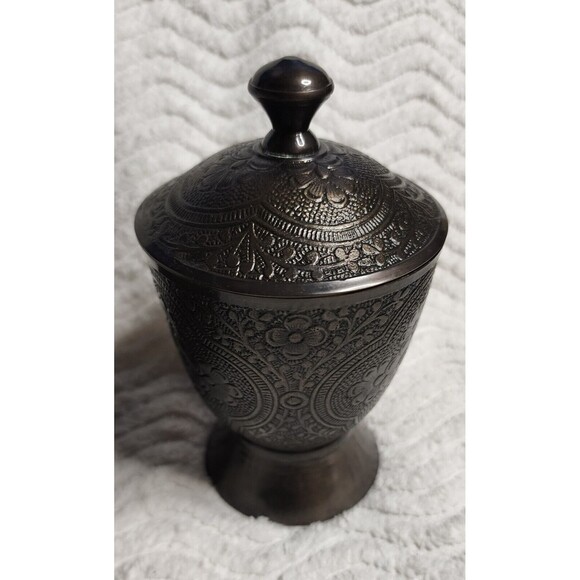 BEAUTIFUL Vintage 3pc BRONZE AntiqueBrass ETCHED 5"TrinketBox Lid 4"Saucer INDIA - Picture 13 of 16